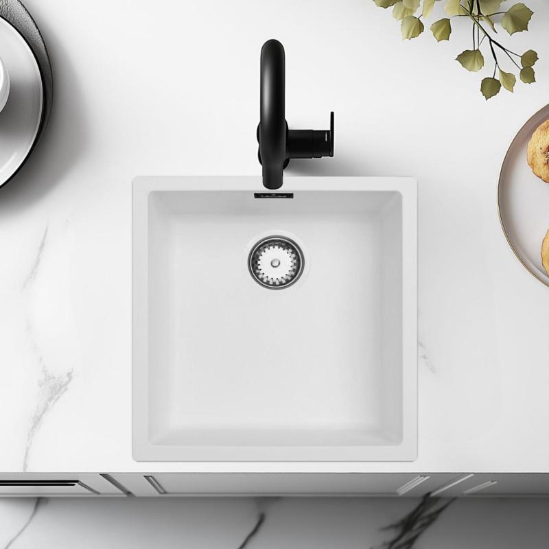 Witte spoelbak 40x40 cm voor onderbouw, opbouw en vlakbouw met roestvrijstalen plug 1208956392