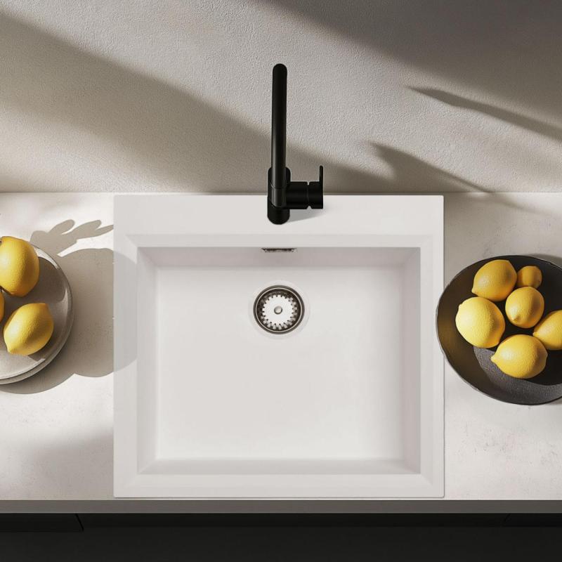 Fehér felületi mosogató 58x53cm csaplyukkal, rozsdamentes acél dugóval 1208956763