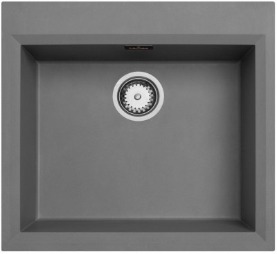 Beton grijs opbouw spoelbak 58x53 cm met kraangatbank en roestvrijstalen plug 1208956771