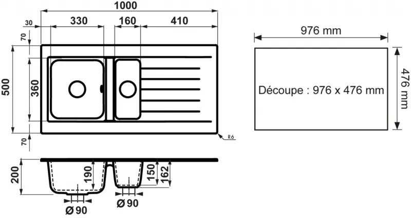 Ausmann Fibre 1,5 fekete műanyag mosogató, fordítható, csepegtetővel, felépítésű, 100x50 cm, fekete dugóval 1208956784