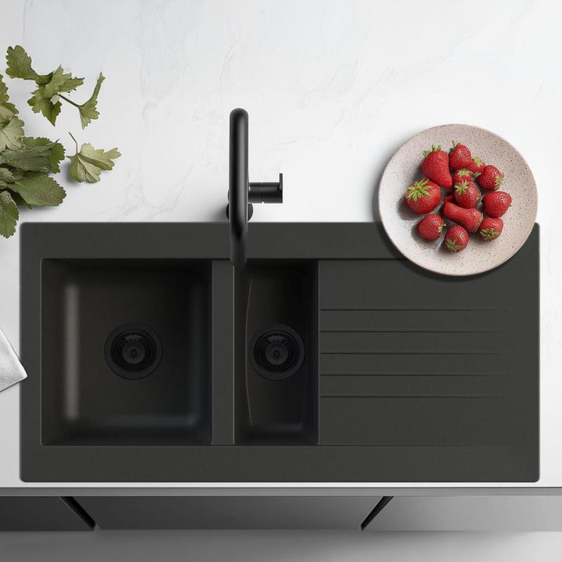 Ausmann Fibre 1,5 fekete műanyag mosogató, fordítható, csepegtetővel, felépítésű, 100x50 cm, fekete dugóval 1208956784