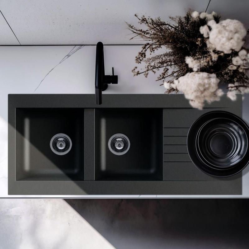 Ausmann Fibre fekete műanyag dupla mosogatótálca, megfordítható csepegtetővel, 116x50 cm-es méretben, 1208956787