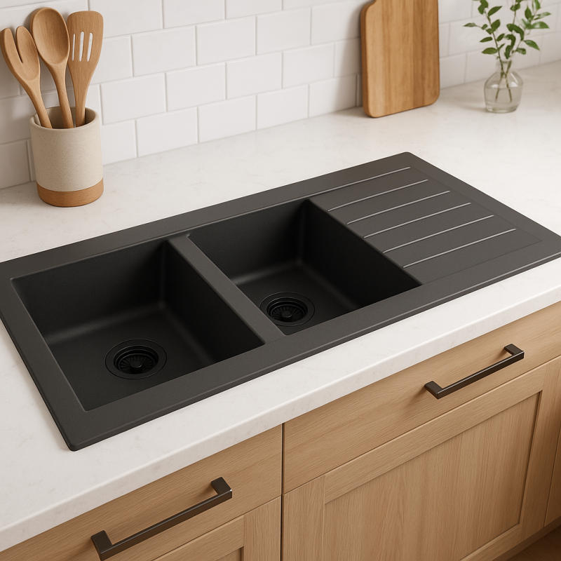 Ausmann Fibre dupla fekete műanyag mosogató medence megfordítható csepegtetővel, 116x50 cm fekete dugóval 1208956790