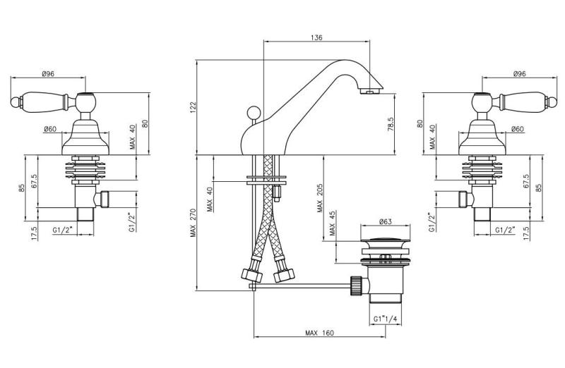 PB klasszikus csaptelep 3 lyukú alacsony mosdócsaptelep Fehér fogantyúk Bronz 1208956907