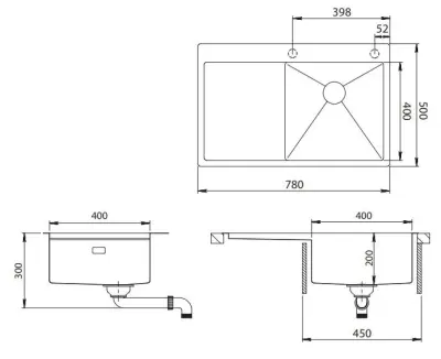 Ausmann Turt arany színű mosogatótálca bal oldali csepegtető résszel, 780x500mm, felépítési és süllyesztett telepítési lehetőséggel, 1208956942