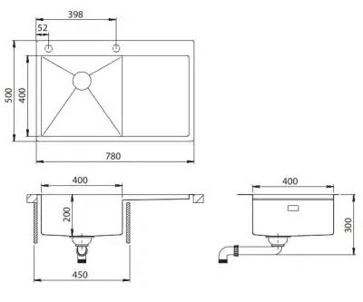 Ausmann Turt RVS mosogató csepegtető résszel jobbra 780x500mm felületre szerelhető és síkra építhető 1208956954