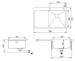 Ausmann Turt rozsdamentes acél mosogató csepegtetőfelülettel bal oldalon, 780x500 mm beépíthető és síkba építhető 1208956957