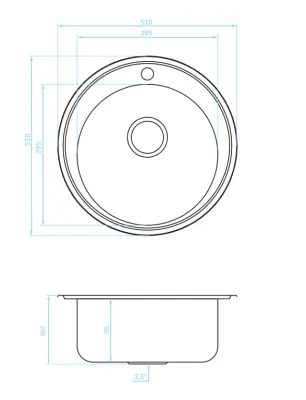 Ausmann Basic rozsdamentes acél felületi kerek mosogatómedence csaplyukkal, 51 cm, szifonnal együtt, 1208956976