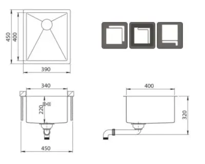 Ausmann Oder rozsdamentes acél mosogató 34x40cm síkbeépítés, aláépítés és ráépítés, extra mély 22cm 1208957111