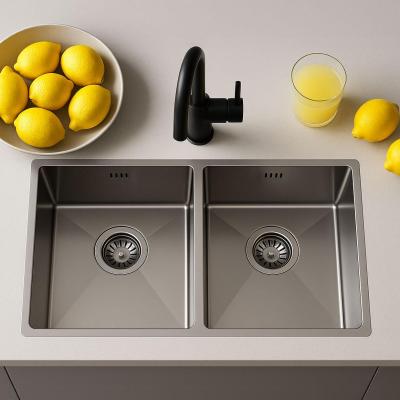 Ausmann Oder dubbele roestvrijstalen spoelbak 76x45cm met 2 bakken van 34x40, geschikt voor vlakbouw, onderbouw en opbouw, extra diep 22cm 1208957116