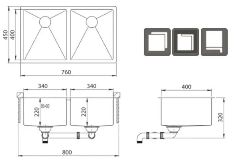 Ausmann Oder dubbele roestvrijstalen spoelbak 76x45cm met 2 bakken van 34x40, geschikt voor vlakbouw, onderbouw en opbouw, extra diep 22cm 1208957116