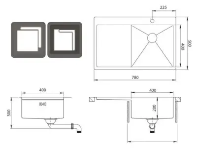 Ausmann Oder Blue roestvrijstalen gootsteen 78x50cm voor vlakbouw en opbouw met afdruipgedeelte 1208957121
