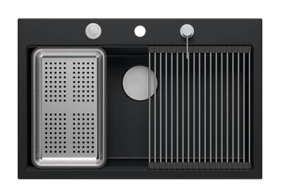 Quadri matt fekete hard rock gránit felépítésű nagy mosogató 76x50cm tartozékokkal 1208957201