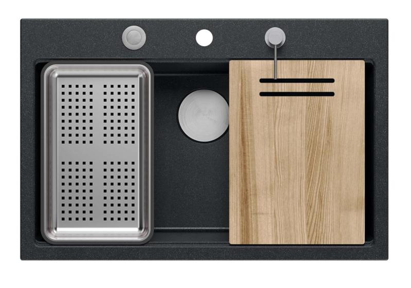 Quadri matt fekete hard rock gránit felépítésű nagy mosogató 76x50cm tartozékokkal 1208957201