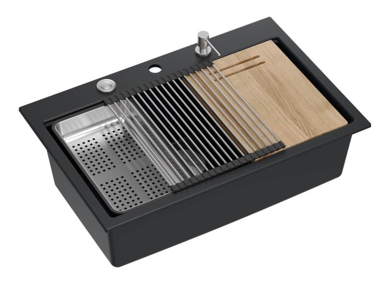 Quadri matt fekete hard rock gránit felépítésű nagy mosogató 76x50cm tartozékokkal 1208957201