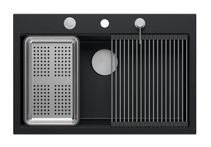 Quadri matt fekete hard rock gránit felépítésű nagy mosogató 76x50cm tartozékokkal 1208957201