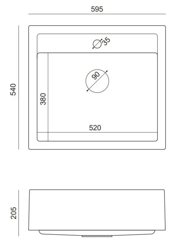 Quadri boerderij landelijke inbouw of opbouw granieten gootsteen mat zwart 595x540mm 1208957208