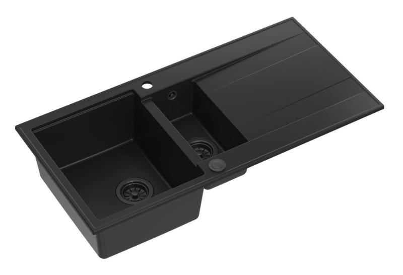 Quadri Luton fekete gránit beépíthető 1,5 medencés mosogató csepptálcával, megfordítható, 100x50 cm, fekete dugóval, 1208957329