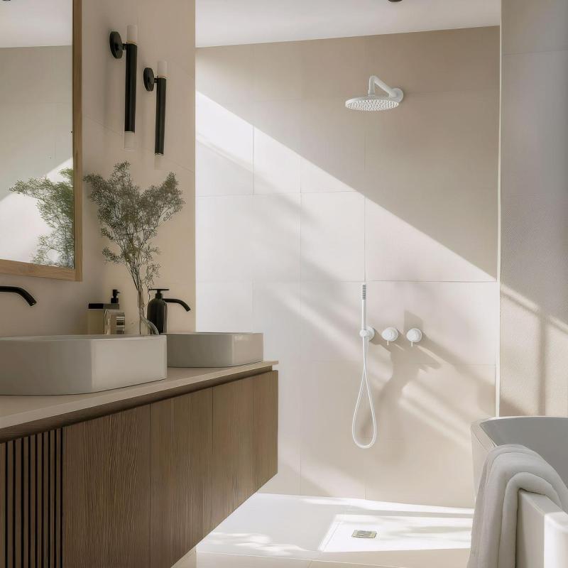 Waterevolution Flow beépíthető zuhanykészlet matt fehér, termosztátos esőzuhannyal és kézi zuhannyal 1208957344