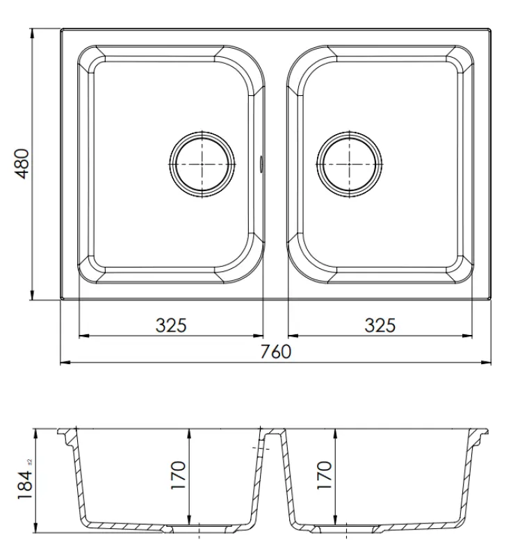GraniteMy Dortmunt fekete gránit kétmedencés mosogató, felépítményes 76x48 cm 1208957357