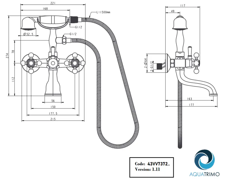AquaTrimo Vivaldi klasszikus felépítésű fürdőcsaptelep csillagfogantyúkkal Króm kézizuhannyal együtt 43VV7372CM