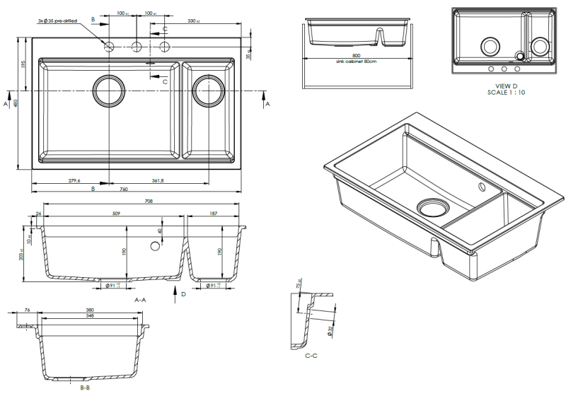 GraniteMy Limited nagy 1,5 gránit felépítményes és aláépítményes fekete mosogató tartozékkal 76x48 cm 1208957389