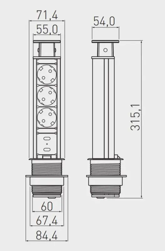 Indux Up & Down klein verzinkbaar randaarde zwart keuken stopcontact in werkblad met 3 stopcontacten en 2 x USB 1208957416
