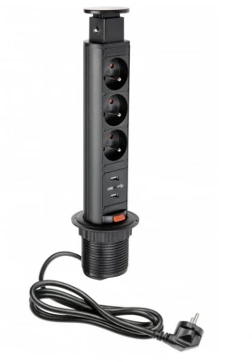 Indux Up & Down kis verzinkált földelt fekete konyhai konnektor munkalapba süllyesztve 3 konnektorral és 2 x USB 1208957418