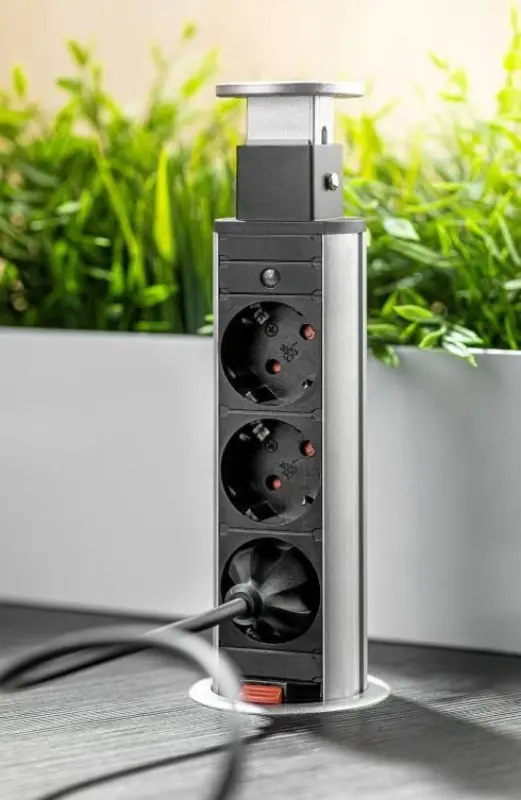 Indux Up & Down kis verzinkált földelt fekete konyhai konnektor munkalapba süllyesztve 3 konnektorral és 2 x USB 1208957418