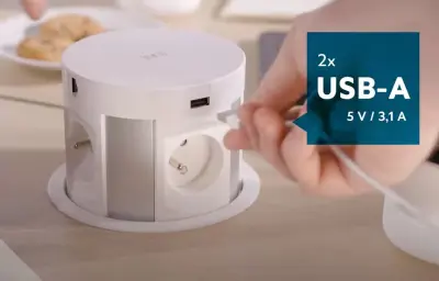 Indux Push süllyeszthető földelt fehér konyhai munkaasztal aljzat 4 csatlakozóval, 2 x USB, 2 x RJ45 és vezeték nélküli töltéssel 1208957419