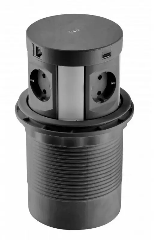 Indux Push süllyeszthető fekete konyhai dugalj munkalapba, 4 dugaljjal, 2 x USB, 2 x RJ45 és vezeték nélküli töltéssel 1208957420