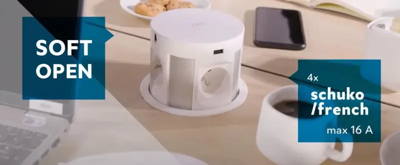 Indux Push süllyeszthető fekete konyhai dugalj munkalapba, 4 dugaljjal, 2 x USB, 2 x RJ45 és vezeték nélküli töltéssel 1208957420