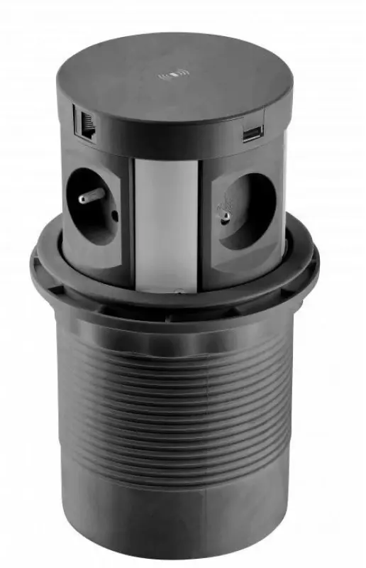 Indux Push süllyeszthető földelt konyhai konnektor fekete munkalappal, 4 konnektorral, 2 x USB-vel, 2 x RJ45-tel és vezeték nélküli töltéssel 1208957421