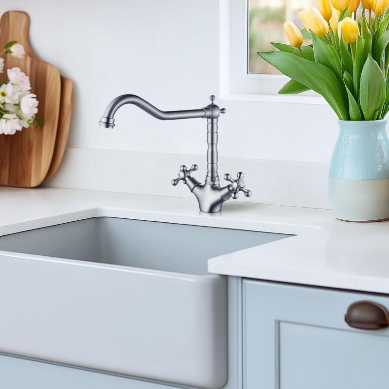 AquaTrimo Windsor klasszikus konyha nosztalgikus konyhai csaptelep derékszögű kifolyóval, rozsdamentes acél 21WS7531NM