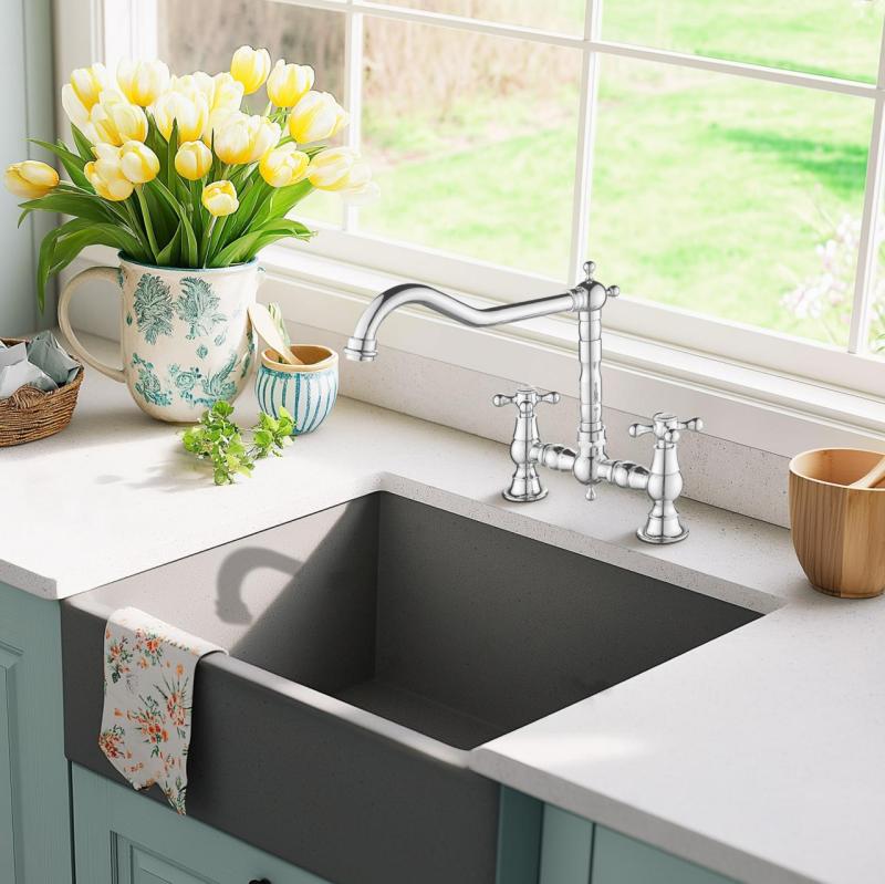 AquaTrimo Windsor 2 lyukú klasszikus konyhai nosztalgikus híd konyhai csaptelep derékszögű kifolyóval, króm 21WS7653CM