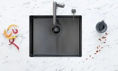 Aquadesign Spoelbakken pistoolmetaal RVS spoelbak antraciet kleur PVD 50x40 onderbouw vlakbouw en opbouw 1208957702