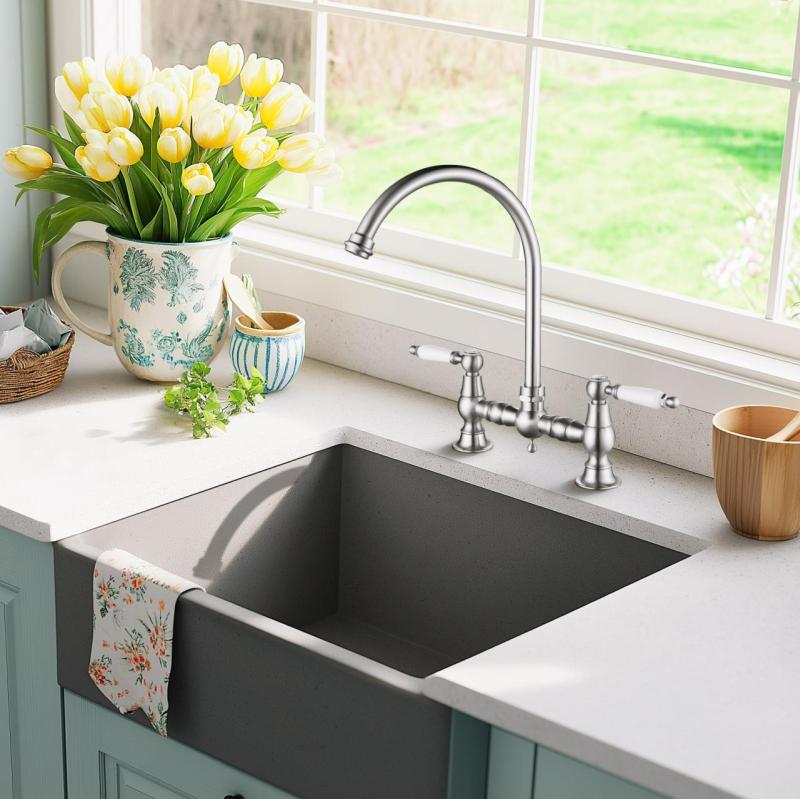 AquaTrimo Country 2 lyukas klasszikus konyhai nosztalgikus híd konyhai csaptelep kerek kifolyóval, szín: rozsdamentes acél, 21CT7655NM