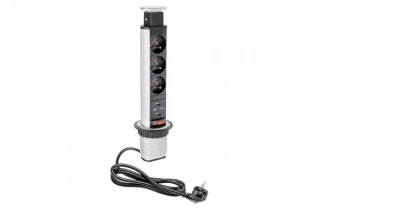 Indux Up & Down kis méretű, süllyeszthető ezüst konyhai földelt aljzat munkalappal, 3 aljzattal és 2 USB-vel 1208957842