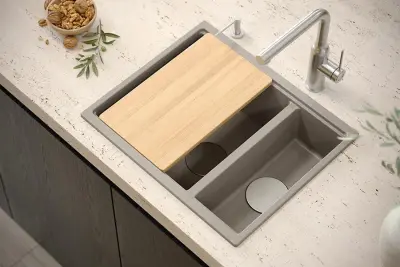 Quadri Newport II fekete 1,5 medencés gránit felületre és aláépítésre szerelhető mosogató 555x460mm fekete dugóval 1208957861