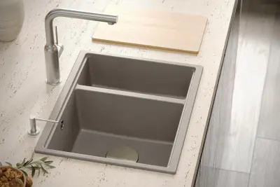Quadri Newport II fekete 1,5 medencés gránit felületre és aláépítésre szerelhető mosogató 555x460mm fekete dugóval 1208957861