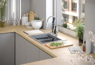 Quadri Durham fehér gránit felépítésű mosogató 595x500 szappanadagolóval, vágódeszkával, görgős matricával, betéttálcával és görgős matricával 1208957903