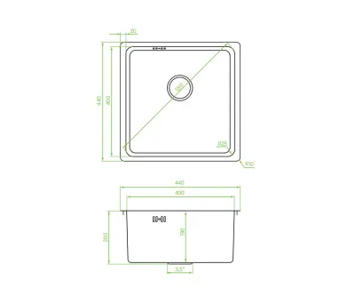 Aquadesign R25 acél felépítmény, alépítmény és síkba építhető mosogató rozsdamentes acél 40x40cm 1208958206