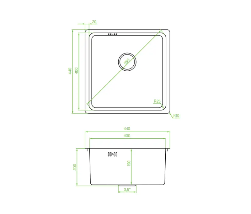 Aquadesign R25 acél felépítmény, alépítmény és síkba építhető mosogató rozsdamentes acél 40x40cm 1208958206