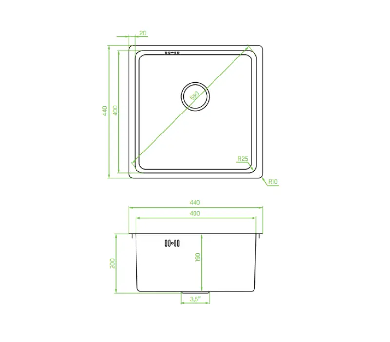 Aquadesign R25 rozsdamentes acél mosogató, beépíthető, aláépíthető és szintbe építhető kivitelben, gun metal színben, 40x40 cm, 1208958207.