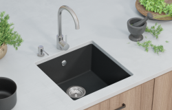 GraniteMy Universele granieten zwarte spoelbak 40x40 cm zwart inbouw, onderbouw en vlakbouw met rvs plug 1208958318