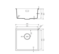 Lorreine BQ sorozat mosogató 44x41cm beépíthető fekete rozsdamentes acél dugóval 40BQ37-FU-INOX