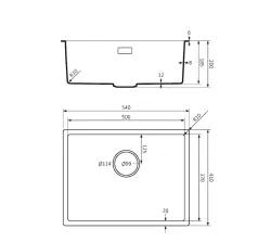 Lorreine BQ sorozat mosogató 54x41 cm aláépíthető és lapos beépíthető fekete fekete dugóval 50BQ37-FU