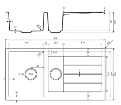 Lorreine BQ sorozat 1.5 mosogató 96x50cm fekete beépíthető rozsdamentes acél dugóval 3415BQ44DB-T-INOX