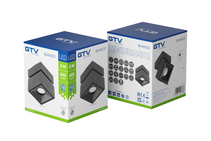 Decoreer LED armatuur BIANCO 8W 680lm AC220-240V 50/60 Hz PF>0,9 Ra≥80 IP20 IK06 36° 4000K négyzet alakú fekete. 1208962670