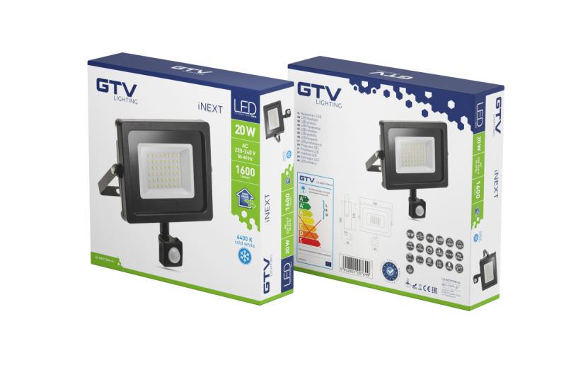 LED-es reflektor iNEXT mozgásérzékelővel 20 W 1600 lm, PF>0,9, RA>80, IP65, 120°, 6400 K, fekete test 1208962859